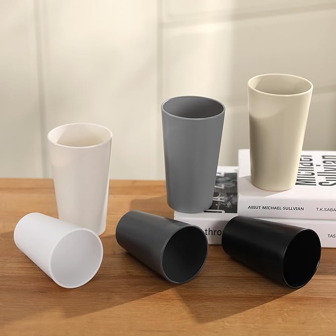 24 Pcs Unbreakable Plastic Cups Set, 14 oz Reusable Plastic Cups, Stackable Water Tumblers, Drinking Cup for Kitchen, Outdoor, BPA-free, Dishwasher Refrigerator and Microwave Safe (14 oz, 6 Colors)