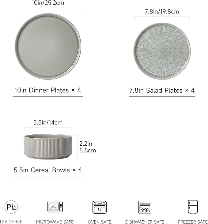 Dinnerware Sets for 4, Ceramic Plates and Bowls Set 12 Piece Dinnerware Chip Resistant Stoneware, Dishwasher and Microwave Safe-Green