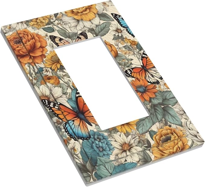 Outlet Covers Vintage Colorful Floral Butterfly Flowers 1 Gang Wall Plate Single Rocker Light Switch Cover Decorative GFCI Receptacle Electrical Switchplate for Bathroom Bedroom Decor（2 Pack）