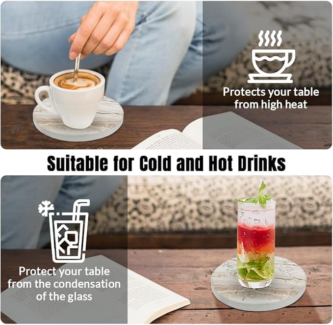 Ceramic Coasters Set of 6, Marble-Textured Design with Holder - Absorbent Cork-Backed Coasters for Cups, Bar & Coffee Table Decor Accessories (Khaki Marble, 8 Pack)