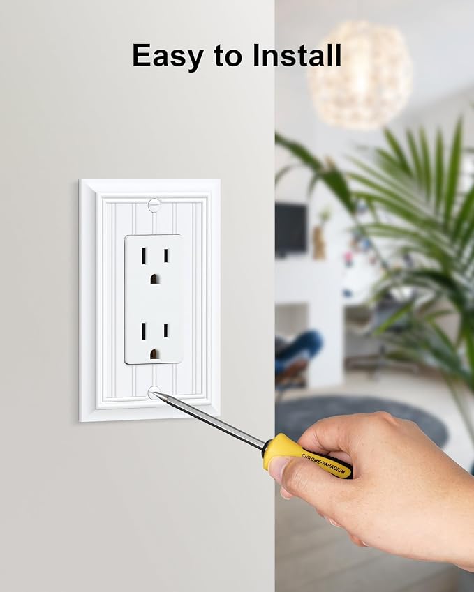 6-Pack Classic Beadboard Decorator Wall Plate Cover, Pure White Decorative Switch Plates and Outlet Covers, Durable Natural Bamboo Fiber Wall Plates for Electrical Outlets, Receptacle, GFCI Outlet