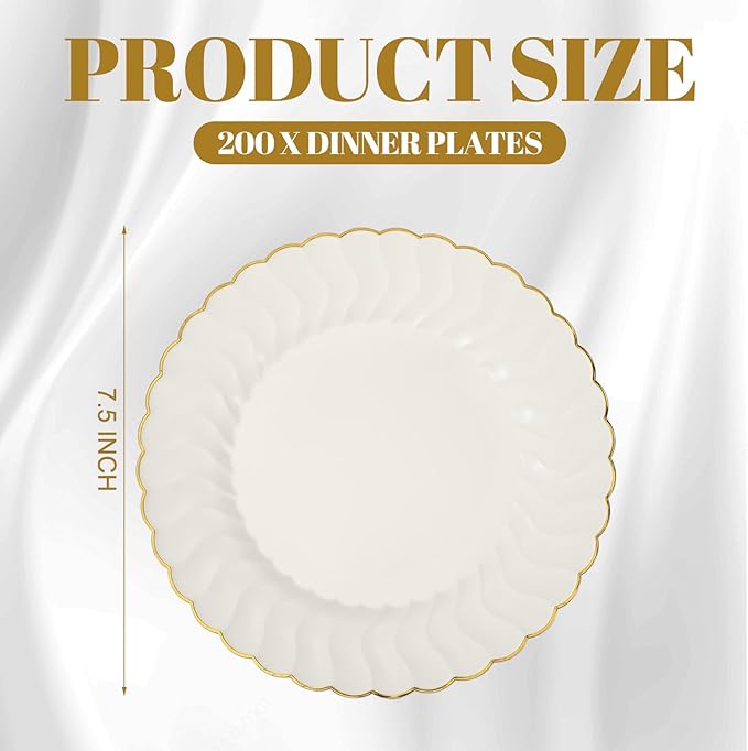 Mifoci 200 Pcs 7.5 Inch Ivory with Gold Rim Plastic Disposable Plates Bulk Salad Dessert Appetizer Cake Plates Elegant Fancy Plastic Tableware for Party Holiday, Wedding, Catering Table Decoration