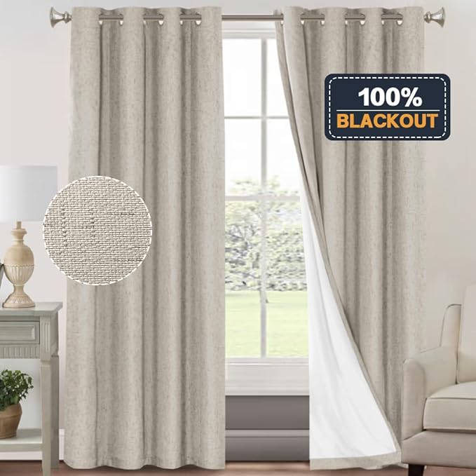 PrinceDeco Linen 100% Blackout Curtains for Bedroom/Living Room Reduce Noise Light Blocking Window Curtains Drapes for Boho Home Decor, Linen Look Fabric with White Liner (52 x 96 Inch,Cobblestone)