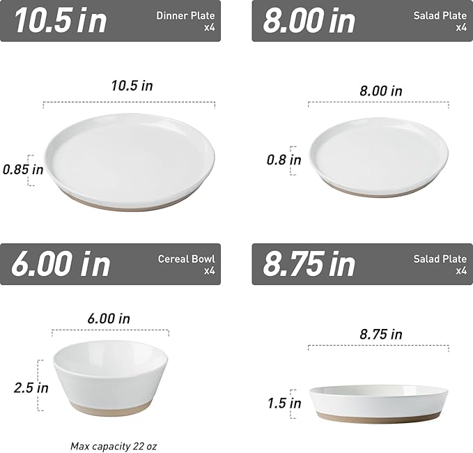Famiware Saturn 16 Pieces Plates and Double Bowls Sets for 4, Stoneware Dinnerware Set with Pasta Bowl, Dish Set with Trim - Chip & Scratch Resistant, Microwave & Dishwasher Safe, White