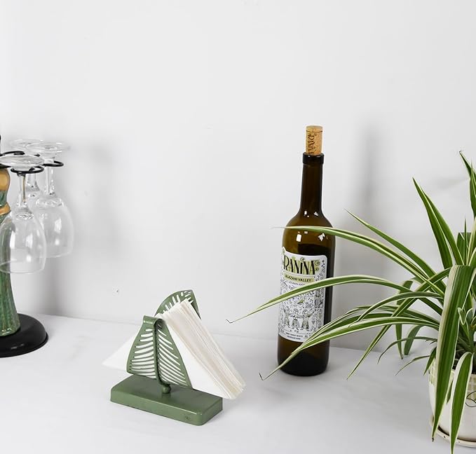 Owlgift Rustic Green Leaf Napkin Holder Set of 2 – Decorative Iron Tissue Organizer for Kitchen, Dining Table, or Entryway – Vintage Country Style Metal Letter Holder Rack