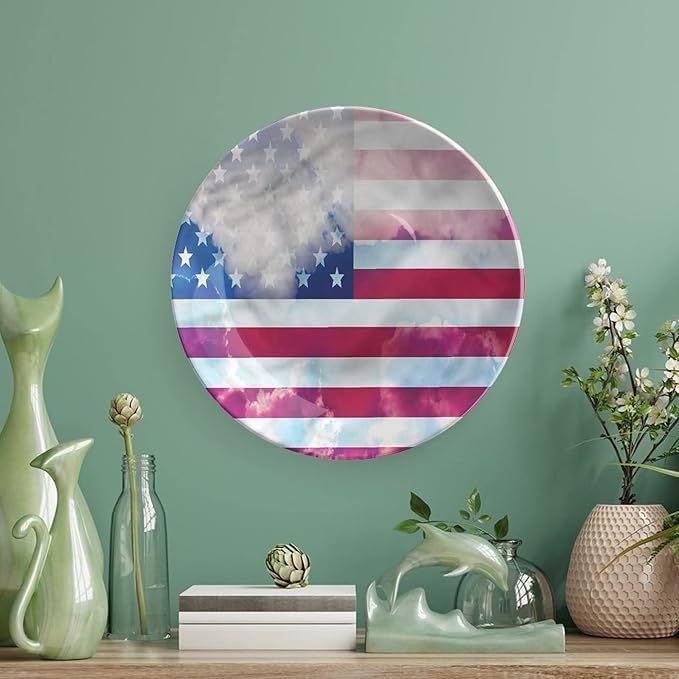 Ceramic Plates, American Flag Decorative Ceramic Plates, Flag Clouds Memorial, 10 Inch, Household Plates Decorative, Multicolor