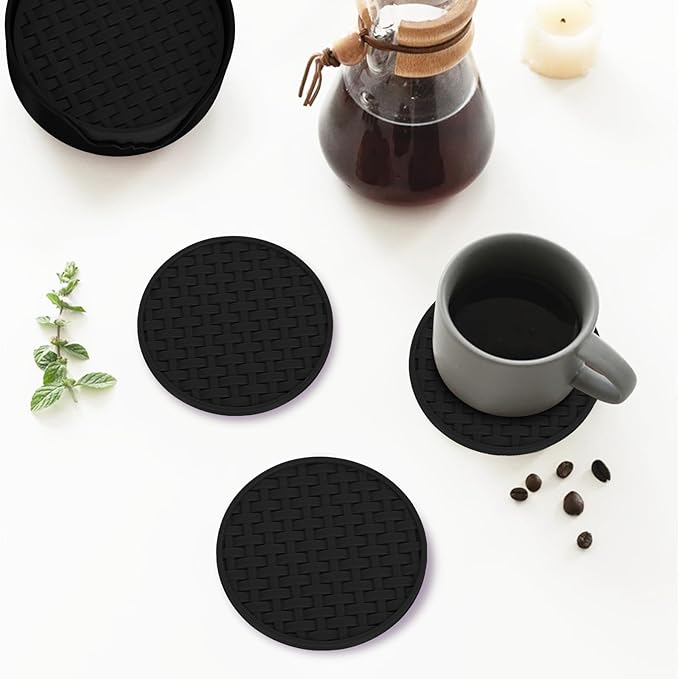 6 Pcs Silicone Coasters for Drinks Black, 4 Inches Heat Resistant Cup Mats, Non-Slip Waterproof Table Protectors for Coffee Mugs, Cups - Home Kitchen Office Decor