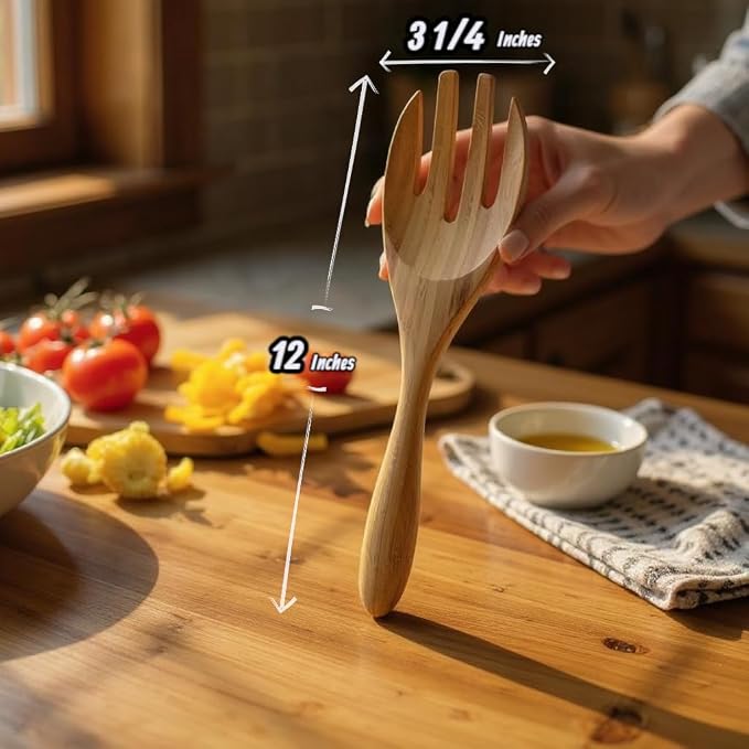 Large Bamboo Salad Server Set, 12-inch Salad Lifters - Image 2