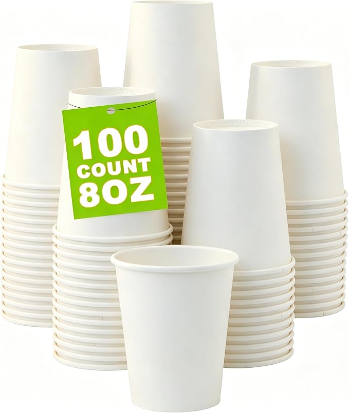 100 Count 8 oz Coffee Cups, Leak-Free Food Safe Paper Cups 8 oz, Disposable by COOLCAP