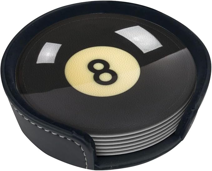 Black 8 Billiard Coasters for Drinks with Holder Round Leather Coasters Set of 6 Cups Mugs Mat Pad for Home Kitchen Bar