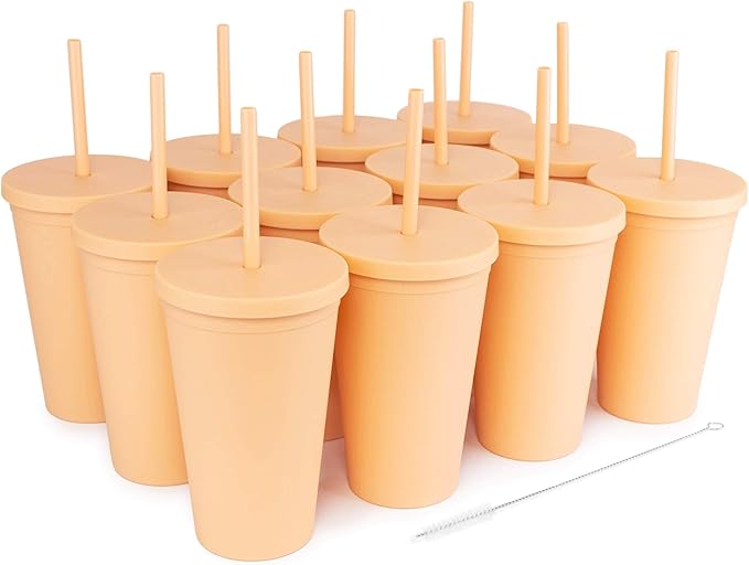 STRATA CUPS 12 Pack - 16 Oz Sunflower Colored Acrylic Tumblers with Lids and Straws, Double Wall Matte Drinking Cups for Travel, DIY Gifts for Parties