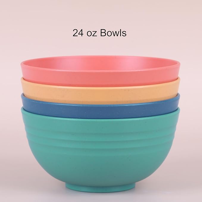 LuckyZone Unbreakable Cereal Bowls - 24 oz Reusable Wheat Straw Bowl Set of 4 - Dishwasher & Microwave Safe - Perfect for Cereal, Soup and Rice - BPA Free, Healthy & Eco-Friendly (4 Color_H)