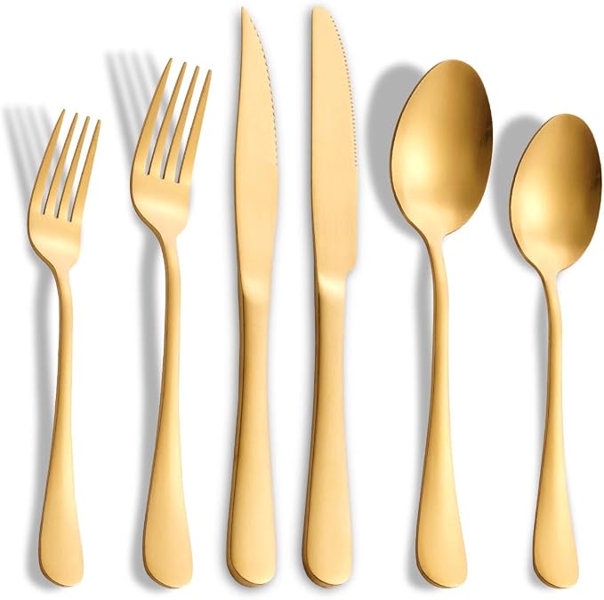Matte Gold Silverware Set with Steak Knives, 24-Piece Stainless Steel Flatware by Joincook