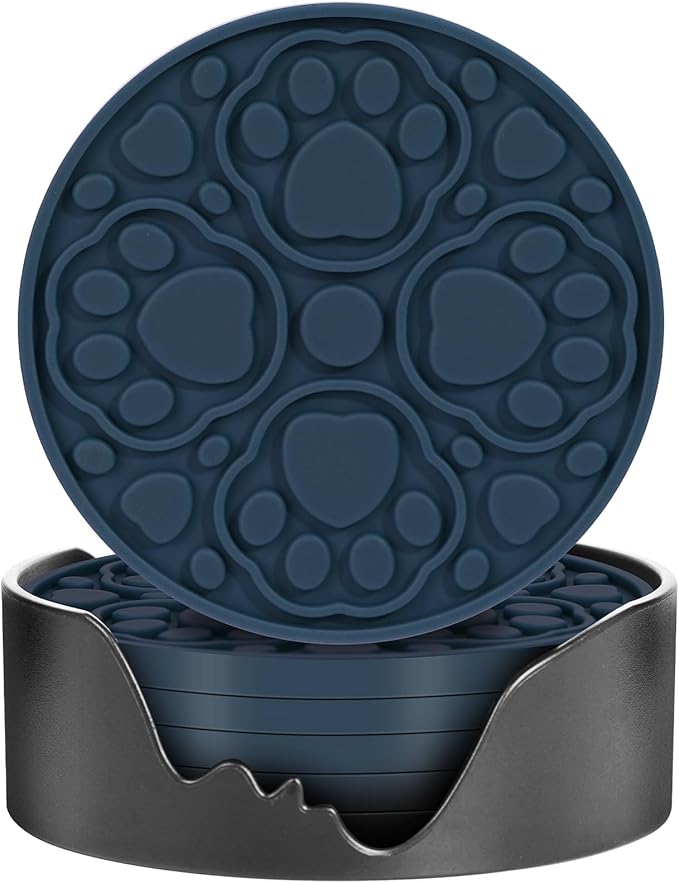Blue Silicone Coasters with Holder, 4 Inch Non-Slip Coffee Round Cup Mats, Modern Bar Coaster Set of 6 for Desk, Table, Drink, Beer, Berverage - Dishwasher Safe