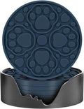 Blue Silicone Coasters with Holder, 4 Inch Non-Slip Coffee Round Cup Mats, Modern Bar Coaster Set of 6 for Desk, Table, Drink, Beer, Berverage - Dishwasher Safe