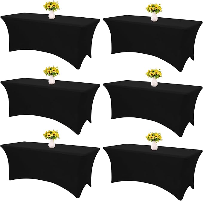 HAISIWLKJ 6 Pack Table Cloth 6ft Black Tablecloths for Rectangle Folding Table Spandex Fitted Stretch Cover Wrinkle Resistant Washable Protector for Party, Wedding, Banquet, Festival.