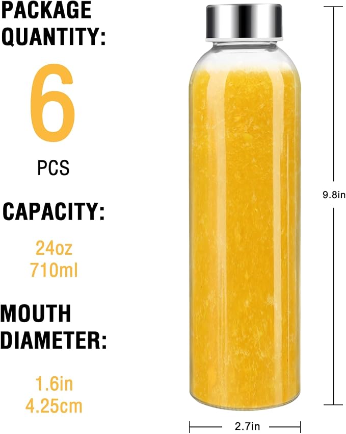 Sursip 24oz Glass Water Bottle Set of 6, Leak Proof Clear glass juice bottle - Image 6