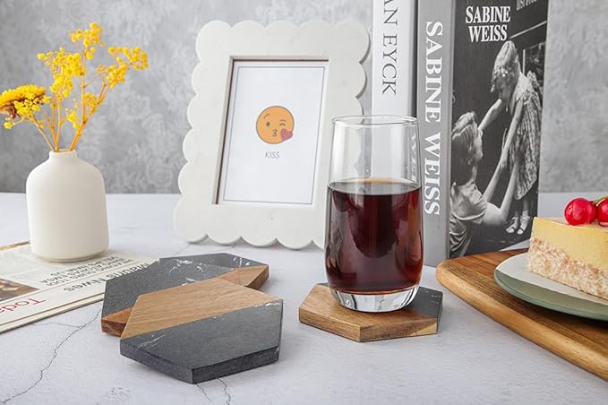 Wood Black Marble Coasters for Drinks, Modern Rustic Acacia Hexagon Coaster Set Decorative Bar Coaster for Coffee Wooden Table Beer Mug Christmas Housewarming Wedding Home Decor 4Pcs
