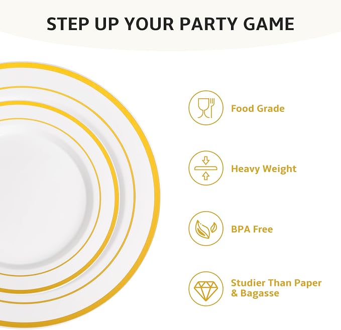AOZITA 200PCS Gold Plastic Plates Set, Heavy Duty Disposable Plates - Image 3