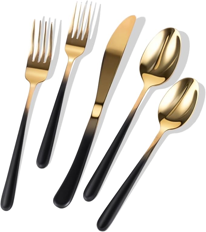 Black Silverware Set for 4 Elegant 20 Piece Flatware Set 18/10 Stainless Steel Nice Weight Mirror Polished Unique Black Gradual Change Gold Cutlery Utensils Sets for Home Kitchen Restaurant