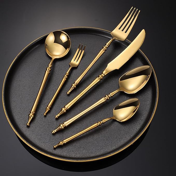 Gold Silverware Set for 12 Premium 18/10 Stainless Steel Flatware Set 48 Piece Include Knives Forks and Spoons Cutlery Utensils Light Luxury Vintage Style for Home Kitchen Christmas Restaurant