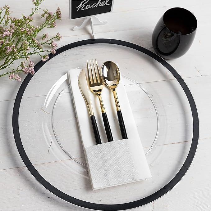 PARTY BARGAINS 13-Inch Charger Plates - 96 Pack, Clear Black Rim, Heavy-Duty Disposable Chargers for Elegant Dining - Ideal for Weddings and Formal Events