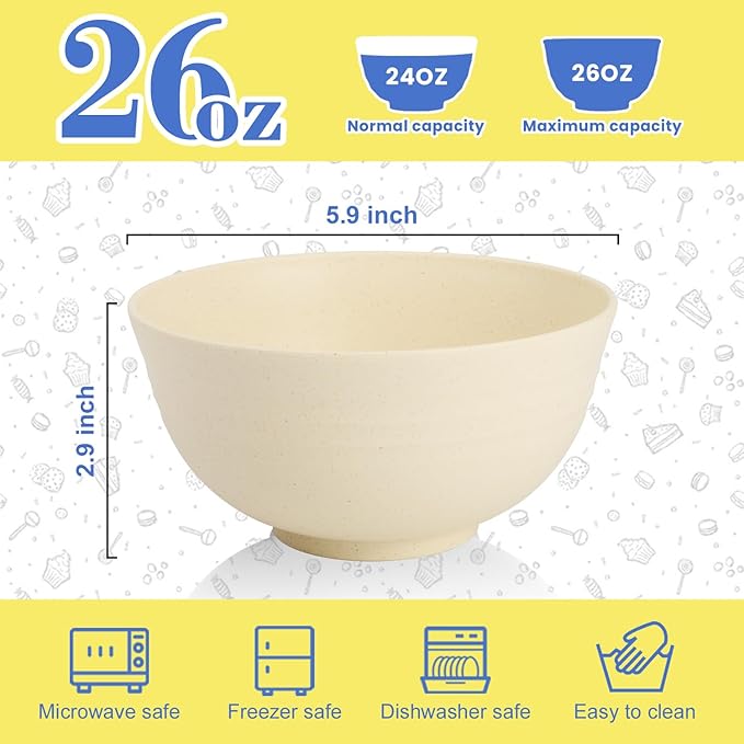 Wheat Straw Bowls Set of 6, 26 OZ Unbreakable Cereal Bowls, Reusable Plastic Bowls for Camping, Dorm, RV, Picnic, Lightweight Salad Soup Bowls, Microwave & Dishwasher Safe, Beige