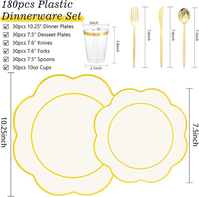 EI 180pcs Beige Plastic Plates with Gold Plastic Silverware,Heavy-Duty Disposable Plates for Party,White Dinnerware Set for 30 Guest Wedding,Afternoon Tea,Spring,Valentine's Day,Easter