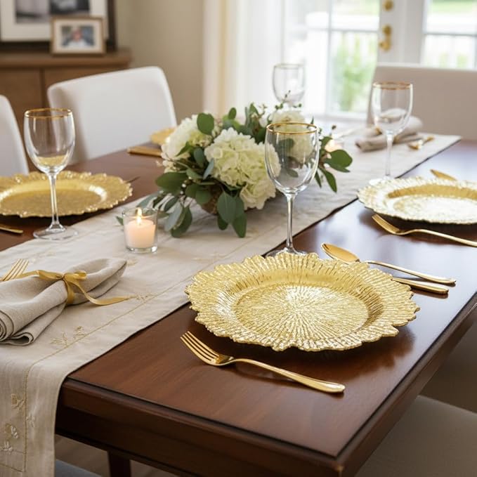 LOYALHEARTDY 24 Pack 13 Inch Gold Charger Plates, Plastic Reef Textured Rim Round Decorative Underplates for Wedding, Party, Dinner Table