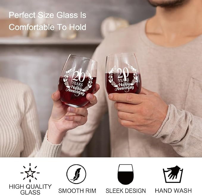 Perfectinsoy 20 Years Happy Anniversary Wine Glass Set of 2, Happy 20th - Image 5