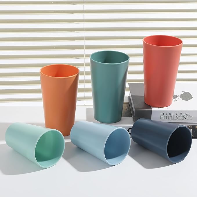 24 Pcs Unbreakable Plastic Cups Set, 12 Pcs 14 oz and 12 Pcs 20 oz Reusable Plastic Cups, Stackable Water Tumblers, Drinking Cup for Kitchen, BPA-free, Dishwasher and Microwave Safe, 6 Colors