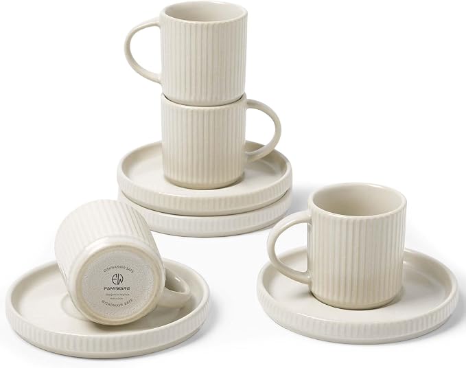 famiware 3oz Espresso Cups and Saucers, Matte White | Ceramic Small Coffee Mug by Famiware