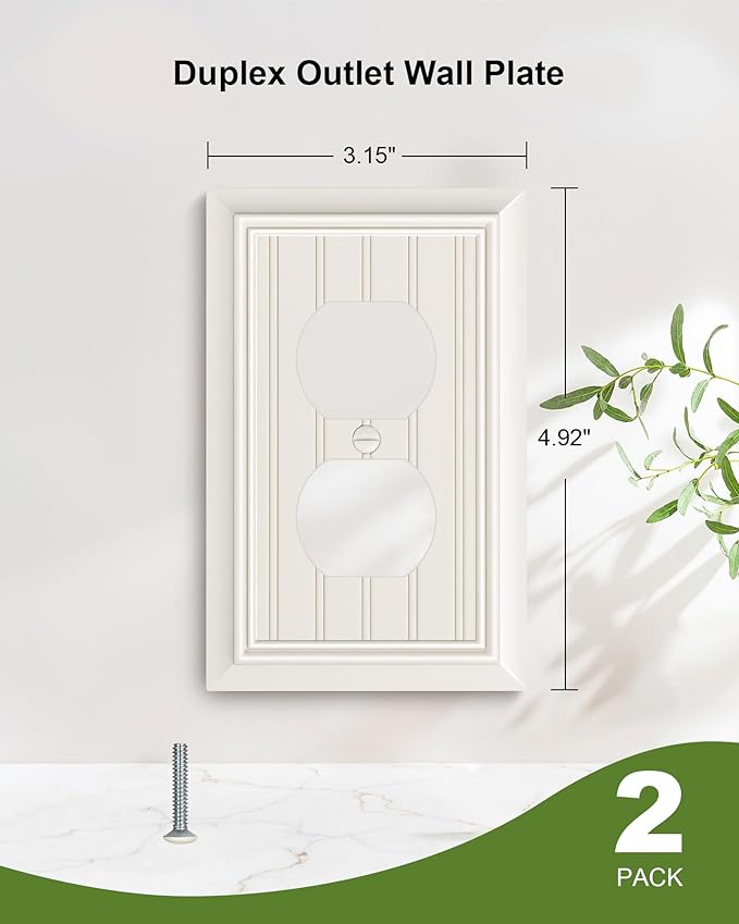 2-Pack Classic Beadboard Duplex Outlet Cover Plate, Decorative Light Almond Switch Plates and Outlet Covers, Natural Bamboo Fiber Wall Plates for Electrical Outlets, 1 Gang Receptacle Cover