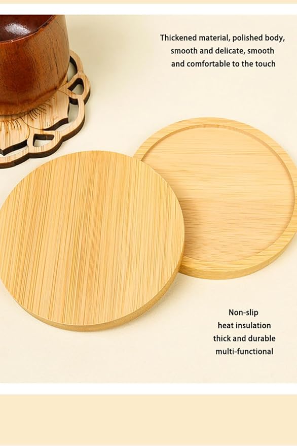 Wood Coasters Set of 4 - Handcrafted Drink Coaster Thick Heat-Resistant for Office, Bar, Farmhouse - Natural Bamboo Drink Cup Coasters for Table Protection