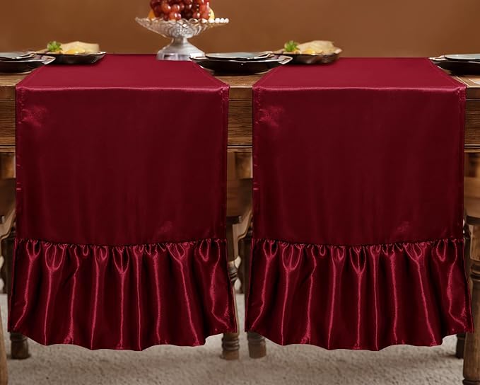 2 Pack Burgundy Satin Table Runner 12 x 108 Inch | Ruffle Design, Luxurious - Image 3