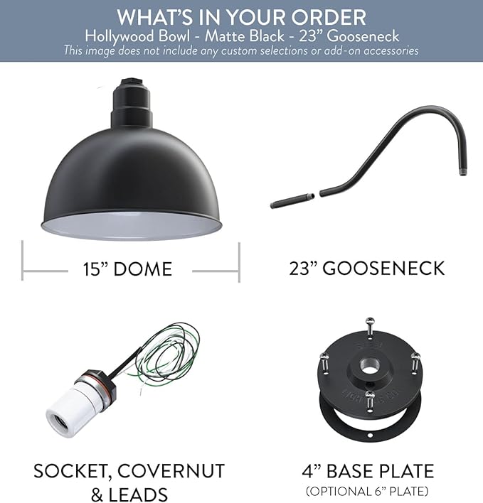 Steel Lighting Co. Hollywood Bowl Light | Outdoor Wall Mounted | 15 inch Bowl Dome | 23 inch Gooseneck | Barn Light Made in America | Matte Black Exterior/White Interior