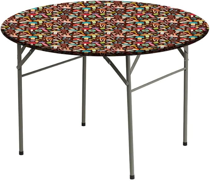 Small Round Tablecloth, Mushrooms Washable Polyester Table Cloth for, Attractive Various Cartoon Leaves and Mushrooms Graphic, Fit Round Tables 61inch, for Holiday Dining Table, Dinner, Party