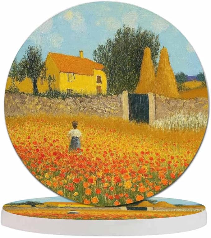 Farmhouse Coasters for Drinks 2 Pack Harvest Season Oil Painting House Farm Village Life with Sunflower Tabletop Protection Kitchen and Coffee Table Décor & Accessories,Set of 2