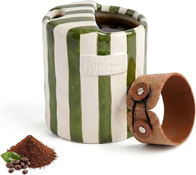 10oz Ceramic Coffee Mug with Sip Hole Hand-Painted Striped Ceramic Cup | Unique by Foubret