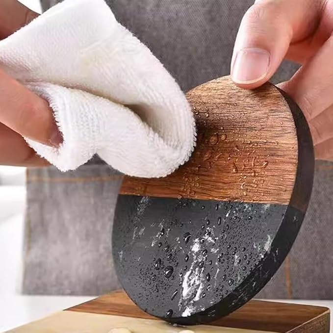 I-LAN Set of 4 Round 4x4 Inch Natural Wood & Marble Drink Coasters – for Coffee, Tea, Beer & Bar Glasses – Living Room, Dining, Bar Table Coasters