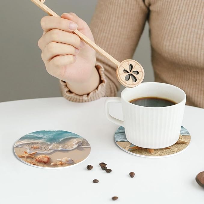 Beach Coasters for Drinks with Holder Round Leather Coasters Set of 6 Cups Mugs Mat Pad for Home Kitchen Bar