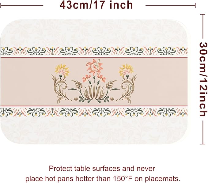 ISAENNE Floral Placemats Set of 6,Brown Rectangular PVC Placemats, Waterproof and Heat-Resistant British Style.Decoration for Kitchen, Dining, Parties, Holiday,12"*17"