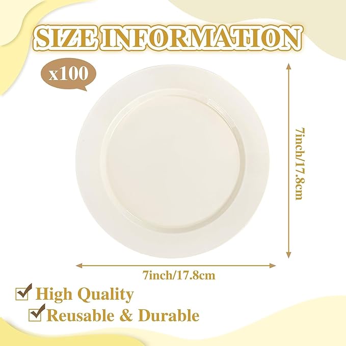 I00000 100 Pc Ivory Plastic Plates,7inch Cream Dessert Plates, Elegant Disposable Plate Perfect for Birthday, Wedding, Baby & Bridal Shower or Party (100 Guests)