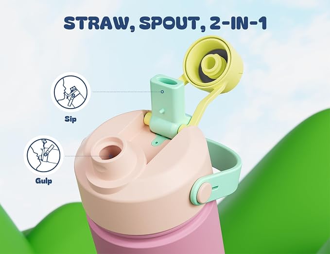 12 oz Kids Steel Water Bottle for School: 2-in-1 Straw Spout Lid, Cold 24H - Image 4
