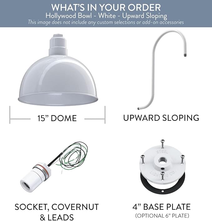 Steel Lighting Co. Hollywood Bowl Light | Outdoor Wall Mounted | 15 inch Bowl Dome | Upslope Gooseneck | Barn Light Made in America | White Exterior/White Interior