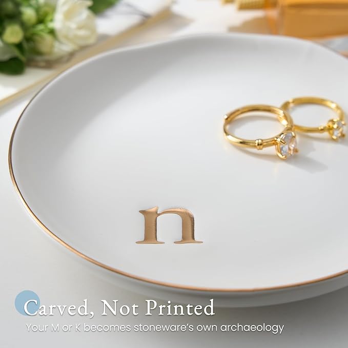 Lolalet Handmade Ceramic Ring Dish Jewelry Tray Plate with Initial, Small Monogram Gift for Her Women Girls Mother, Hostess, Engagement, Bridal Shower, Maid of Honor, Bridesmaid, Birthday, Christmas