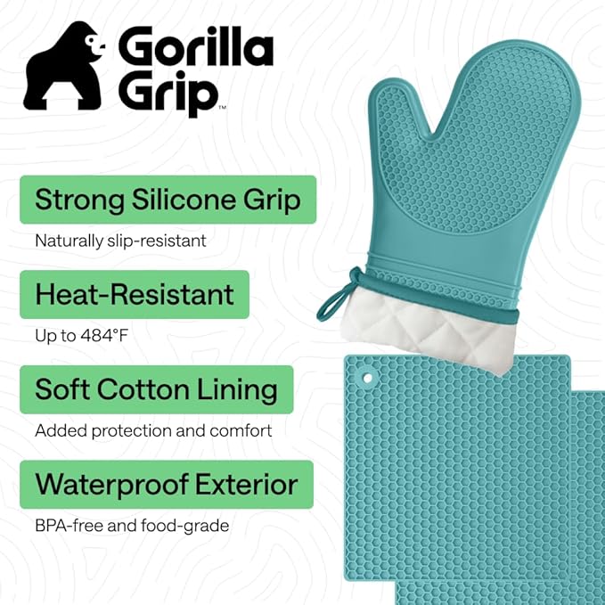GORILLA GRIP BPA-Free Soft Silicone Oven Mitts and Pot Holders Sets, Heat Resistant Waterproof Cooking Gloves, Thick Cotton Lining, Flexible Gripping for Baking Grilling, Kitchen Trivets, Turquoise