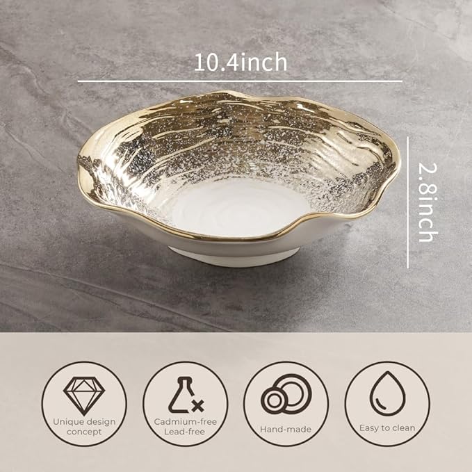 Handmade Ceramic Pasta Bowl 10.4 Inch, Wave Edge Gold Rim Soup Bowl, Set of 4 Reinforced Porcelain Bowls, 1kg Each, Dishwasher Safe Dinner Bowls