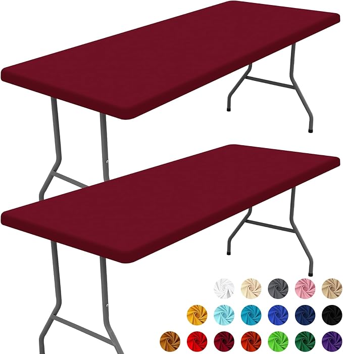 Spandex 8 Foot Rectangle Table Cloth 2 Pack, Elastic Fitted Tablecloths for Picnic, Stretch Washable Patio Table Cover for Outdoor, Camping, Banquet and Parties (Wine Red, 30"x96")