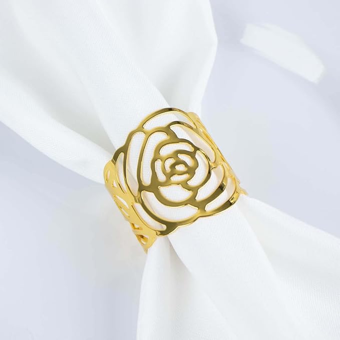 Efavormart 4 Pack | Shiny Gold Laser Cut Rose Metal Cuff Napkin Rings, by efavormart